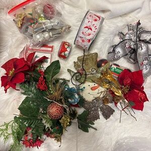 Holiday Floral Pick and Snowman Tree Topper - Red & Gold Christmas Decoration
